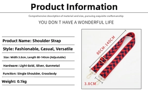 Detail of adjustable 3.8cm wide jacquard strap with metal clips and size specifications