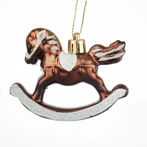 Décoration de Noël cheval à bascule marron avec paillettes argentées et cordon doré
