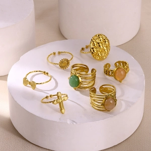 Set of 6 vintage 18K gold plated stainless steel rings with natural stones and crosses