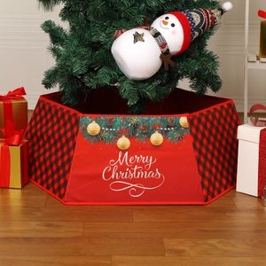 Red and black plaid Christmas tree collar with Merry Christmas text and festive patterns