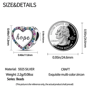 Size chart for S925 silver heart charm with colorful zircons and engraved hope text