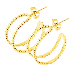 Detail of 18K gold-plated C-shaped earrings with unique double-row beaded texture design