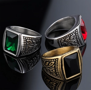 Men Signet Ring Stainless Steel Rectangular Synthetic Gemstone Vintage Tulip Relief Retro Polished Jewelry