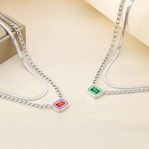 Silver cuban and snake chain double-layer necklace with red and green gemstone pendants