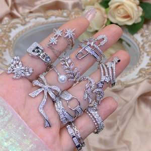 Zircon Inlaid Adjustable Opening Ring Copper Silver Plated Bow Star Heart Leaf Elegant Light Luxury Fashion Jewelry For Women