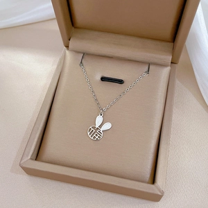 Detailed close-up of a silver bunny necklace with a Fu character inside a jewelry box