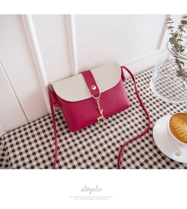 Detail of a chic bicolor mini crossbody bag with a golden deer pendant on a checkered cloth