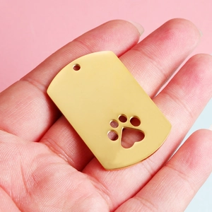 Golden stainless steel rectangle pet tag pendant with cutout dog paw print design