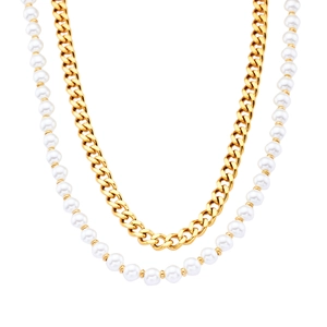 Double-layered gold Cuban chain and white pearl necklace for women in French style