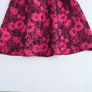 Pink floral jacquard off-shoulder dress with puff sleeves and cinched waist detailing
