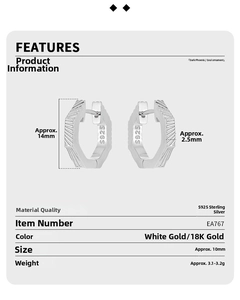 Detail specifications of geometric S925 sterling silver hoop earrings with textured surface