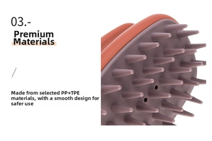 Detailed close-up of the rounded orange and purple scalp massager brush made of PP and TPE