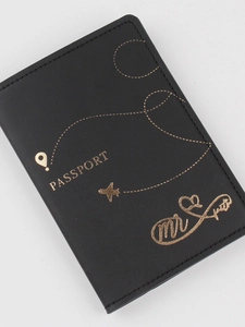 Elegant black PU leather passport holder with golden hot stamping travel design icons