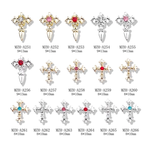 Cross nail art charms set with gothic wings and colorful rhinestones in gold and silver