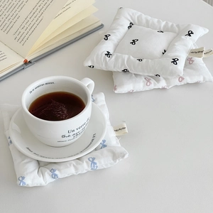 Square Cotton Quilted Coaster Heat Insulating Placemat With Sweet Bow Print For Home Table Decoration Korean Ins Style