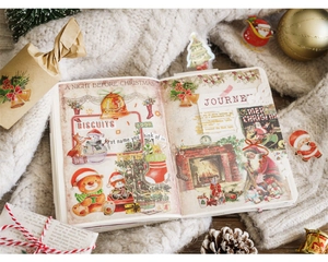 Gros plan d'autocollants de Noël vintage en PET avec dorure sur fond en tricot douillet