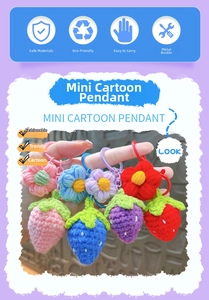 Detailed texture of handmade crochet strawberry and flower pendants with metal keyrings