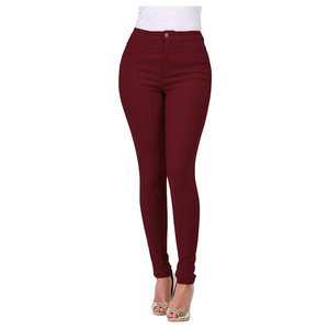 Detailed view of high-waisted burgundy skinny jeans featuring a slim fit and elastic fabric