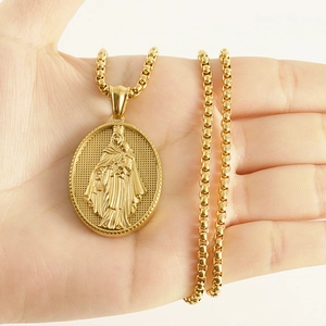 Collana in acciaio inossidabile dorato con ciondolo ovale Maria e catena a scatola