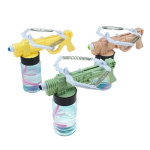 Detailed set of crossbow bubble blowers in yellow, pink and green with fluid bottles