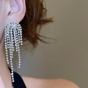 Close-up of sparkling silver tassel earrings with crystal rhinestones on a female model