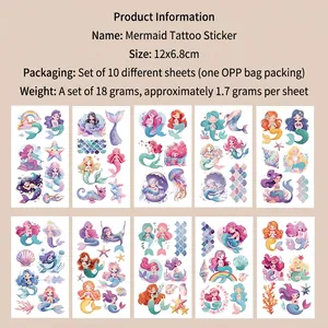 Detailed view of 10-piece mermaid tattoo set with measurements of 12x6.8cm and illustrations