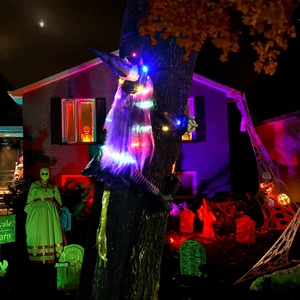 Glowing Halloween tree-climbing witch with colorful LED lights for spooky garden decoration