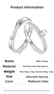 Detail of S925 silver couple rings showing the adjustable bands and cubic zirconia setting