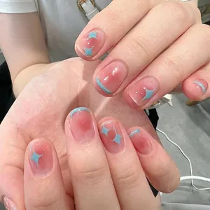 Press On Nails French Blush Pink Gradient With Star Pattern Short Round Fake Nails For Women Sweet Y2K Style Resin Manicure