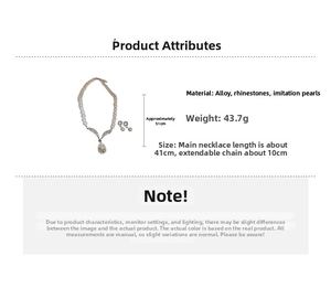 Detail showing dimensions of alloy rhinestone faux pearl necklace and earrings set