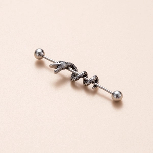 Detailed view of stainless steel industrial barbell with intricate snake design and beads