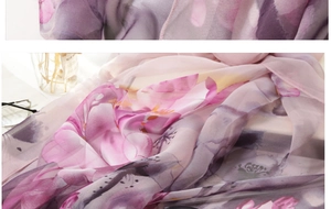 Detailed macro view of sheer purple floral silk scarf fabric with elegant ink flower print
