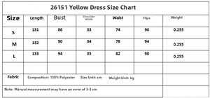 Detailed size chart for zebra print sleeveless dress in yellow, 100% polyester material