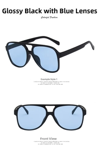 Glossy black double bridge aviator sunglasses with light blue lenses in multiple views