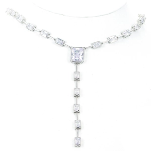 Luxurious silver Y-shaped tassel necklace with rectangular pavé-set cubic zirconia