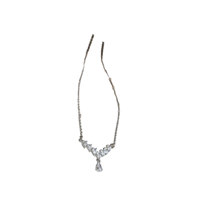 Silver V-shaped necklace with sparkling zircon wheat ear motif and teardrop pendant