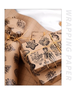 Detail of vintage Kraft paper Christmas wrapping with pine cone patterns and twine