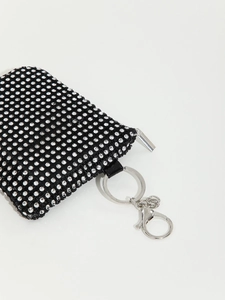 Mini monedero de diamantes negros con cremallera plateada y llavero para decoración