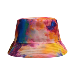 Close-up of rainbow tie-dye cotton bucket hat showing detailed stitching and colorful pattern
