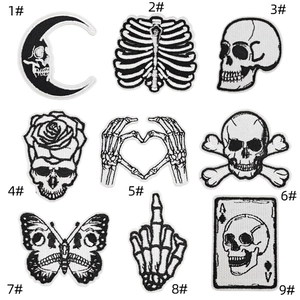 Set of 9 black and white gothic skull embroidered patches for clothing decoration