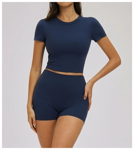 Detail of navy blue slim-fit yoga set showing stretch fabric texture and tight stitching