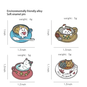Creative enamel pins featuring cute cats and rabbits in coffee cups, made of alloy