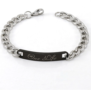 Detail of titanium steel bracelet with One Life engraved black plate and silver chain