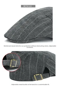Detail view of cotton newsboy cap featuring reinforced brim and metal adjustment buckle