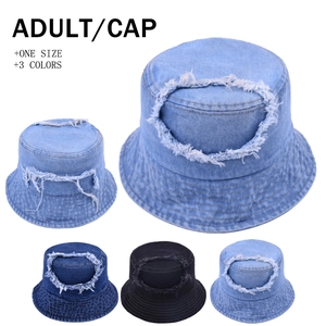 Vintage Ripped Denim Bucket Hat Frayed Edge Hip Hop Sun Protection Outdoor Casual Fishing Cap For Men Women