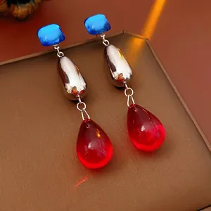 Vintage Color Block Water Drop Long Earrings With Acrylic Alloy And Silver Earring Post Bold Geometric Jewelry For Women