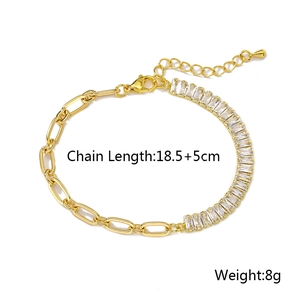 Detail of 18K gold plated chain with baguette cut zircons and sizing info