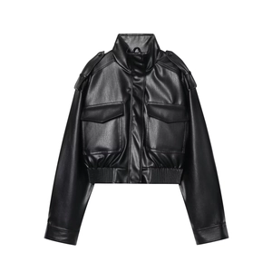 Women black short PU leather biker jacket with stand collar and large front pockets