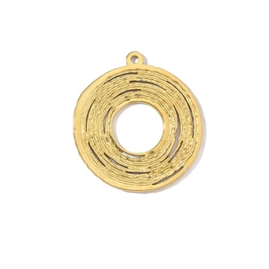 Detailed view of a gold-plated stainless steel round pendant with spiral texture