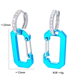 Detail shot of blue carabiner drop earrings with silver zircon stones and dimensions